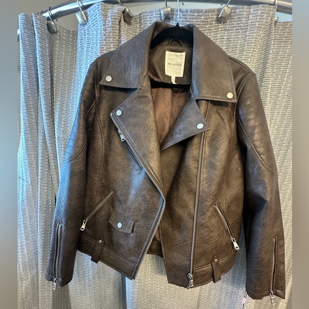 NWT - Textured Brown Leather Jacket -Sz L